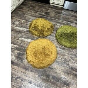 Set Of 3 Floor Gold Green Shag Throw Pillows 21” round 60s 70s Hippy